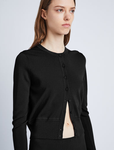 Detail image of model wearing Silk Viscose Cardigan in BLACK