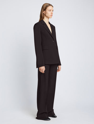 Side full length image of model wearing Viscose Suiting Jacket in BLACK