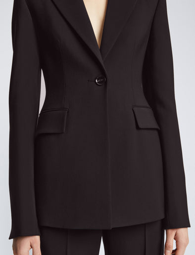 Detail image of model wearing Viscose Suiting Jacket in BLACK