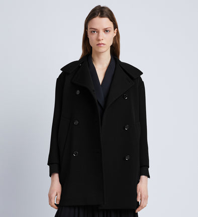 Front cropped image of model wearing Technical Gabardine Peacoat in BLACK