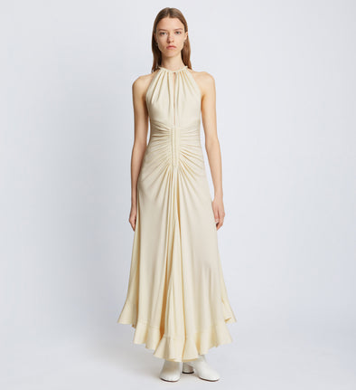 Front full length image of model wearing Crepe Jersey Ruched Dress in IVORY