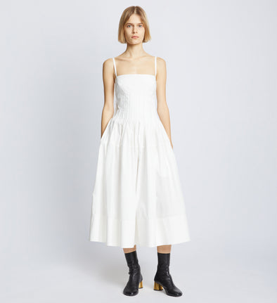 Front full length image of model wearing Eco Poplin Pintuck Dress in WHITE