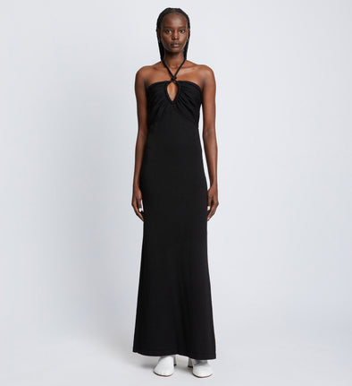 Front full length image of model wearing Textured Cotton Knit Halter Dress in BLACK
