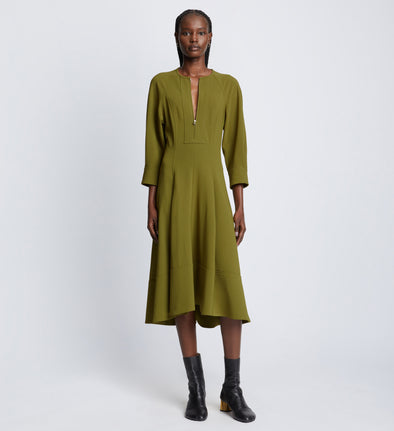 Front full length image of model wearing Matte Viscose Crepe Dress in OLIVE