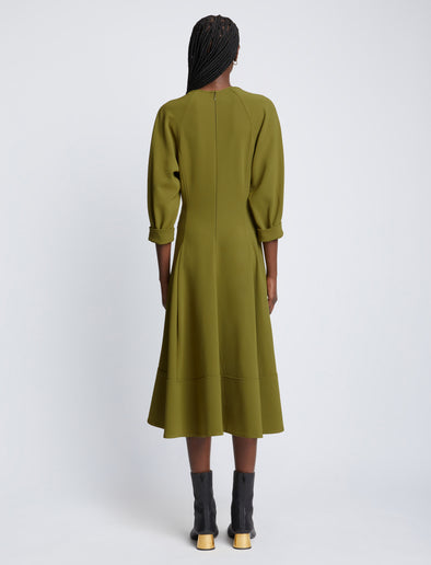 Back full length image of model wearing Matte Viscose Crepe Dress in OLIVE