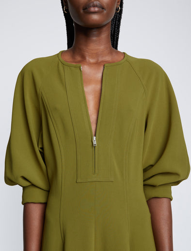 Detail image of model wearing Matte Viscose Crepe Dress in OLIVE