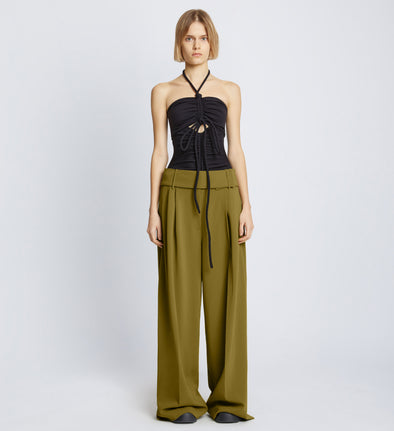 Front full length image of model wearing Matte Viscose Crepe Pants in OLIVE