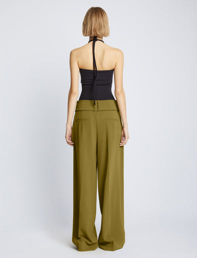 Back full length image of model wearing Matte Viscose Crepe Pants in OLIVE