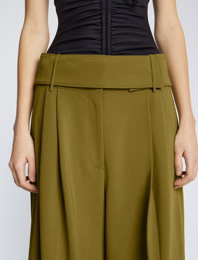 Detail image of model wearing Matte Viscose Crepe Pants in OLIVE