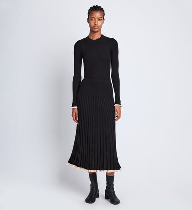 Front full length image of model wearing Silk Cashmere Rib Knit Skirt in BLACK
