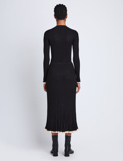 Back full length image of model wearing Silk Cashmere Rib Knit Skirt in BLACK
