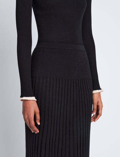 Detail image of model wearing Silk Cashmere Rib Knit Skirt in BLACK