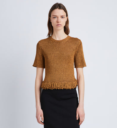 Front cropped image of model wearing Ribbon Crochet Fringe Top in SADDLE