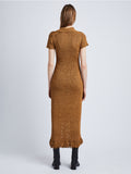 Back full length image of model wearing Ribbon Crochet Fringe Dress in SADDLE