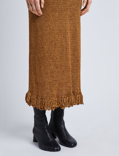 Detail image of model wearing Ribbon Crochet Fringe Dress in SADDLE