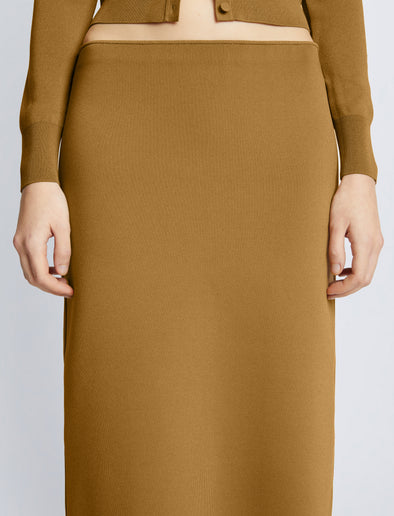 Detail image of model wearing Silk Viscose Skirt in OCHRE