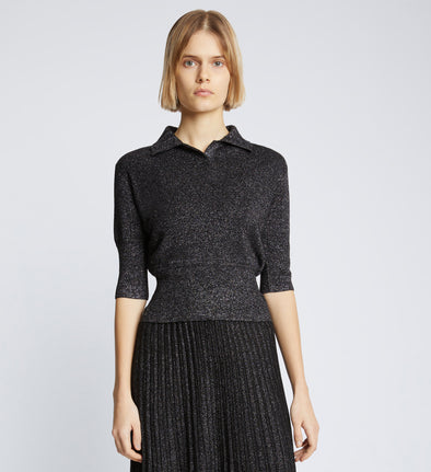 Front cropped image of model wearing Metallic Knit Polo in BLACK