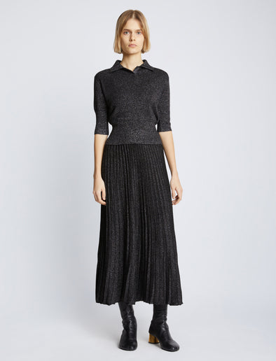 Front full length image of model wearing Metallic Knit Polo in BLACK