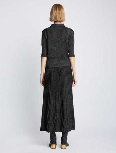 Back full length image of model wearing Metallic Knit Polo in BLACK