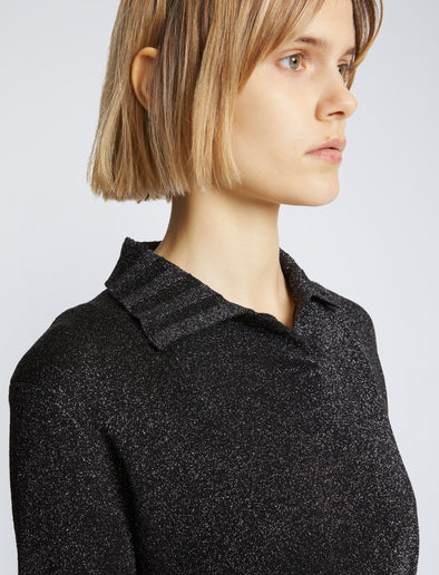 Detail image of model wearing Metallic Knit Polo in BLACK