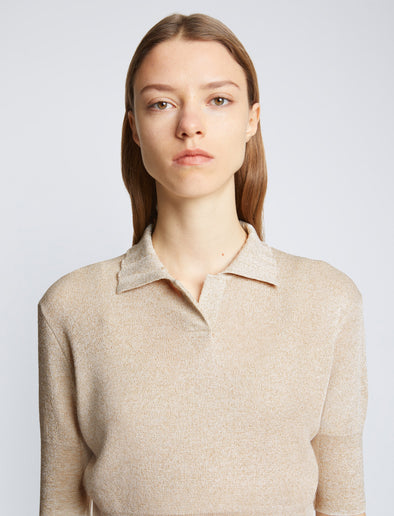Detail image of model wearing Metallic Knit Polo in CHAMPAGNE