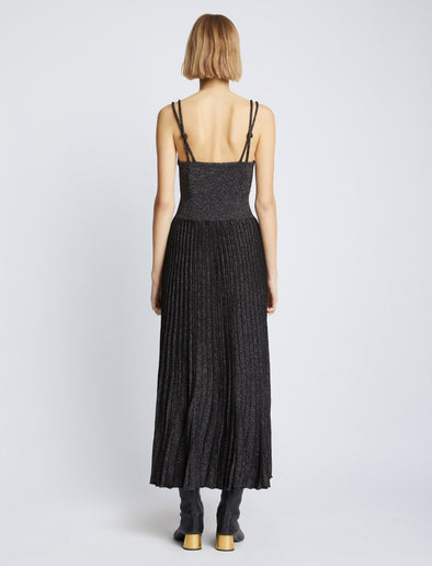 Back full length image of model wearing Metallic Knit Dress in BLACK