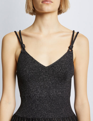 Detail image of model wearing Metallic Knit Dress in BLACK