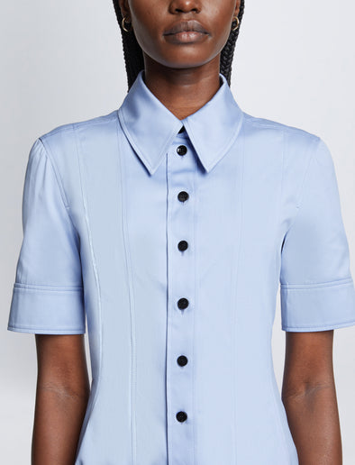 Detail image of model wearing Silk Cotton Short Sleeve Button Dress in PERIWINKLE