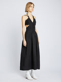 Side full length image of model wearing Viscose Linen Ruched Dress in BLACK