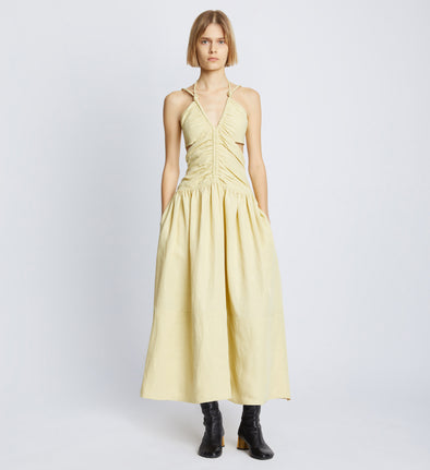 Front full length image of model wearing Viscose Linen Ruched Dress in PARCHMENT