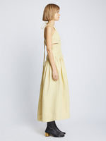Side full length image of model wearing Viscose Linen Ruched Dress in PARCHMENT