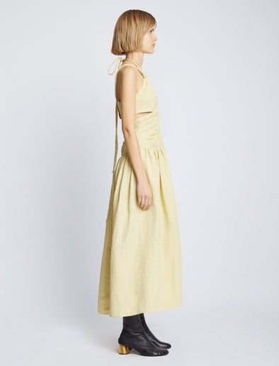Side full length image of model wearing Viscose Linen Ruched Dress in PARCHMENT