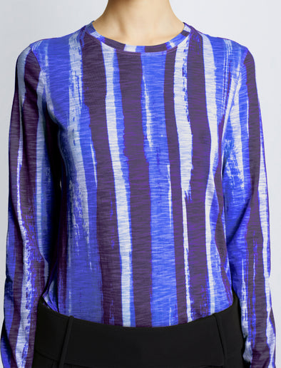 Detail image of model wearing Painted Stripe T-Shirt in COBALT MULTI