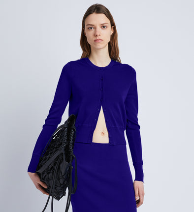 Front cropped image of model wearing Silk Viscose Cardigan in COBALT