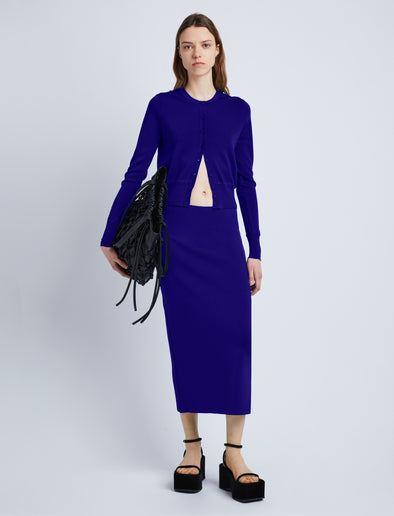 Front full length image of model wearing Silk Viscose Cardigan in COBALT