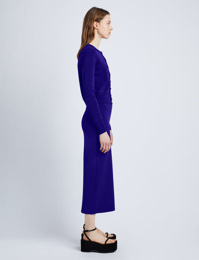 Side full length image of model wearing Silk Viscose Cardigan in COBALT