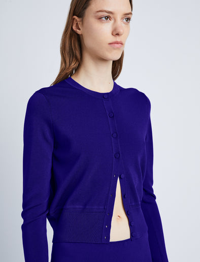 Detail image of model wearing Silk Viscose Cardigan in COBALT