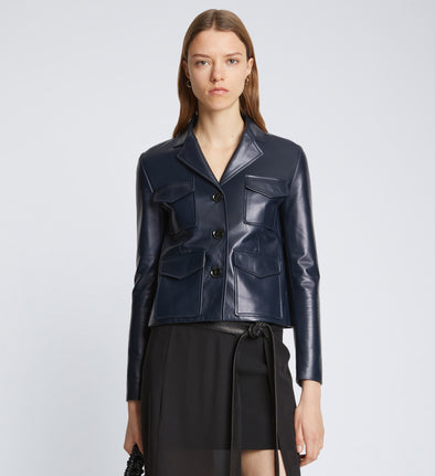 Front cropped image of model wearing Glossy Leather Jacket in NAVY