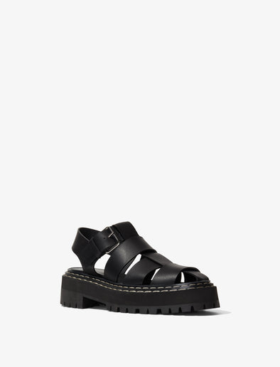 Front 3/4 image of LUG SOLE PLATFORM FISHERMAN SANDALS in Black