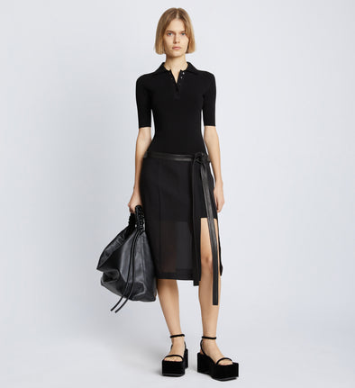 Front full length image of model wearing Crepe Chiffon Wrap Skirt in BLACK