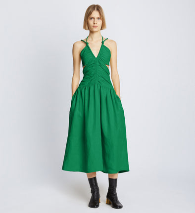 Front full length image of model wearing Viscose Linen Ruched Dress in BRIGHT GREEN