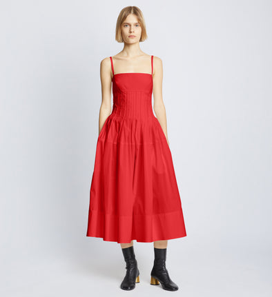 Front full length image of model wearing Poplin Pintuck Dress in RED