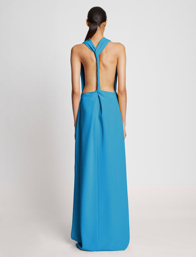 Back image of model wearing Matte Viscose Crepe Backless Dress in turquoise
