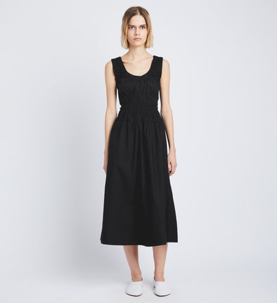 Front full length image of model wearing Poplin Gathered Midi Dress in BLACK