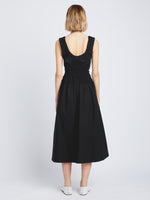 Back full length image of model wearing Poplin Gathered Midi Dress in BLACK