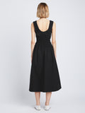 Back full length image of model wearing Poplin Gathered Dress in BLACK
