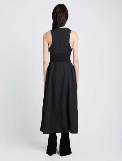 Back image of model wearing Drapey Suiting Button Front Dress in BLACK