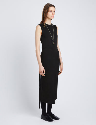 Side full length image of model wearing T-Shirt Wrap Dress in BLACK