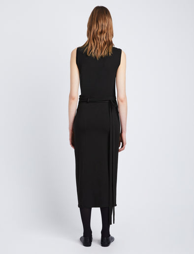 Back full length image of model wearing T-Shirt Wrap Dress in BLACK