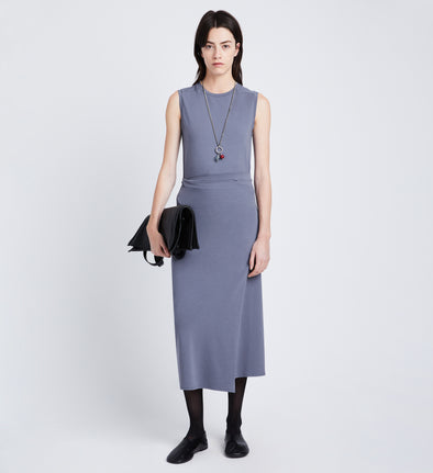Front full length image of model wearing T-Shirt Wrap Dress in STEEL GREY